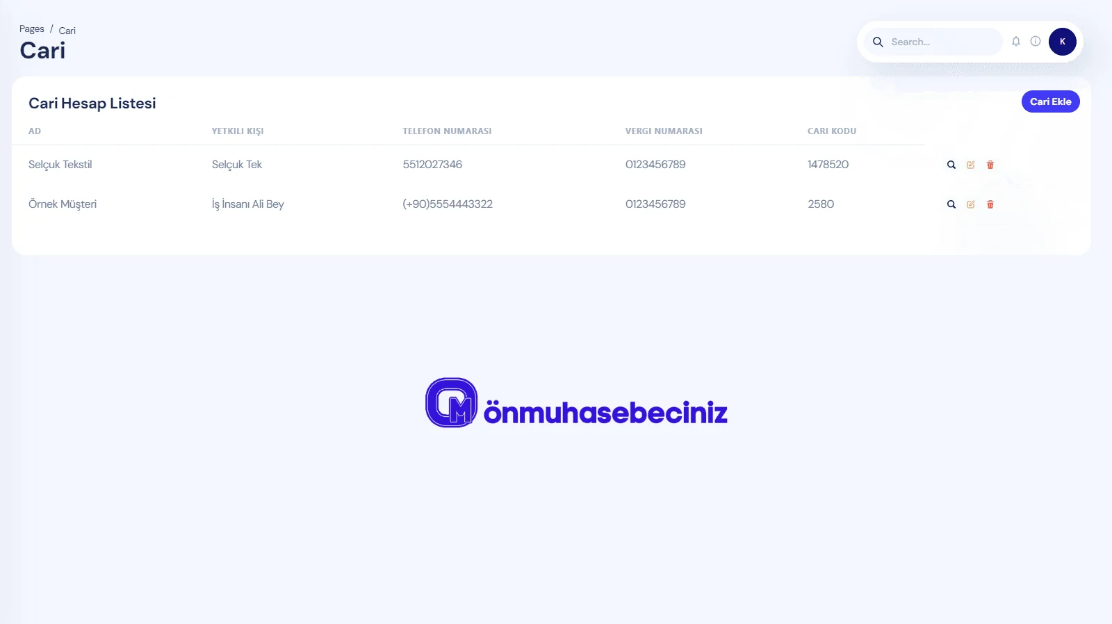 Cari takip programı liste görünümü Cari hesap takip programı - Müşteri ve tedarikçi bakiye listesi ekranı
