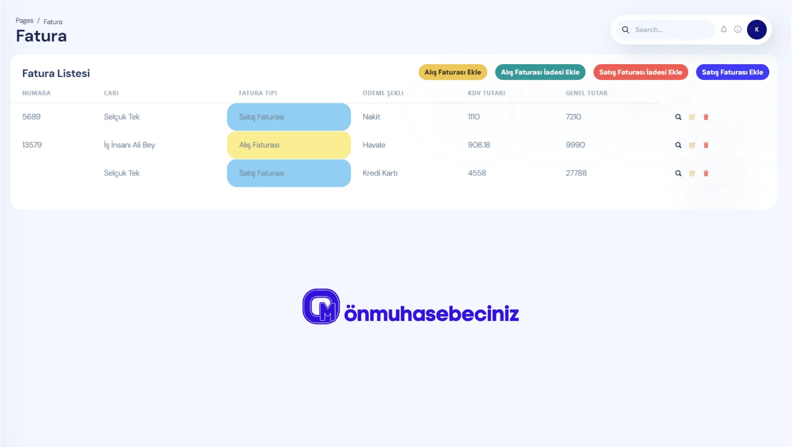 Fatura takip programı ekran görüntüsü Fatura takip programı - Satış ve alış faturaları liste görünümü