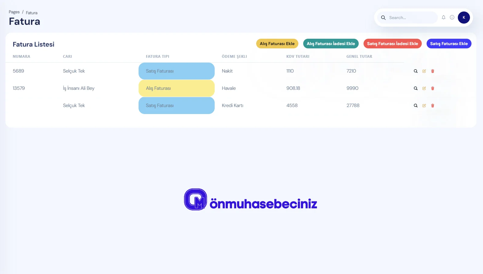 Ön muhasebe fatura takibi ekranı Ön muhasebe programı fatura takibi özelliği - Otomatik fatura yönetimi